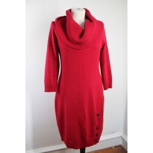Lauren Ralph Lauren L Red Sweater Dress Cowl Neck Button Detail Cotton Blend